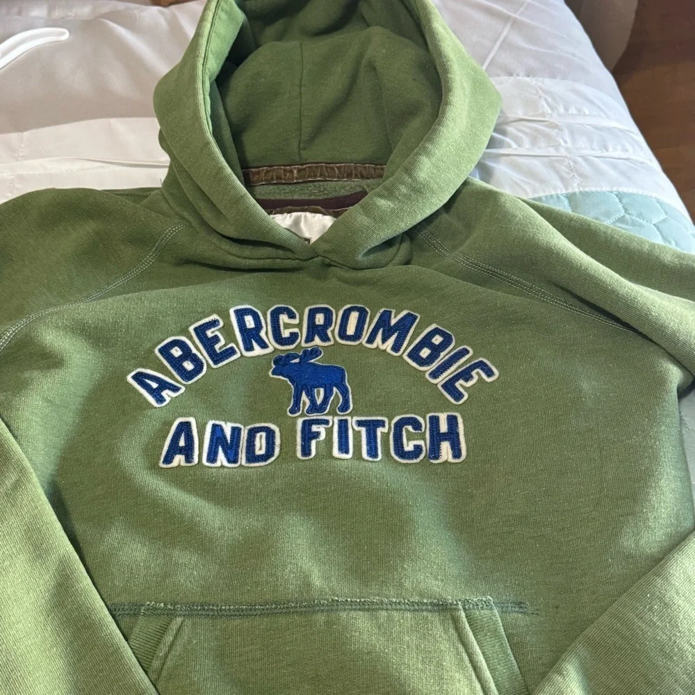 Abercrombie & Fitch Hoodie Spell Out Moose Pullover Hoodie Y2K Green Women Large - Picture 8 of 8